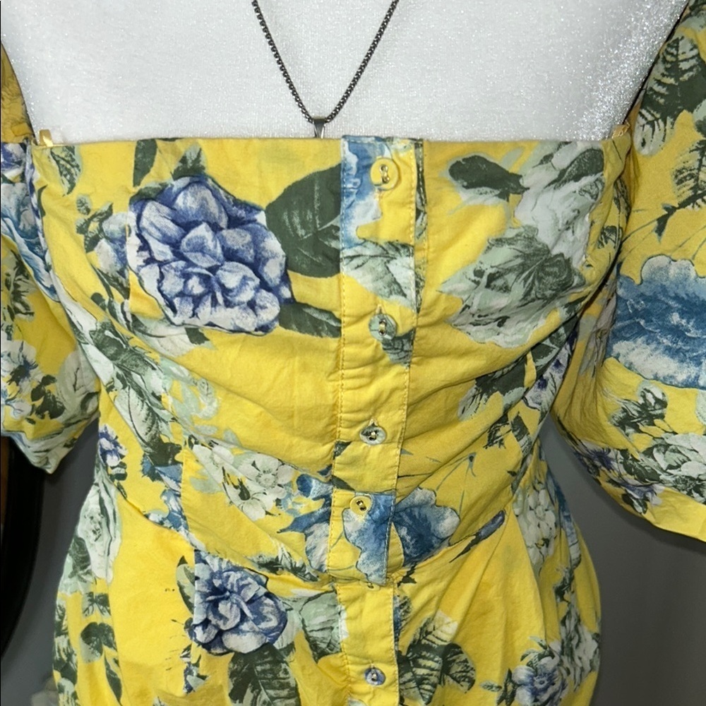 J.O.A. Yellow and Blue Ruffled Off-Shoulder Mini Dress - Picture 3 of 10